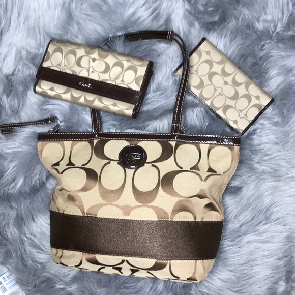 Coach Handbags - Coach signature brown stripe 3 piece purse set